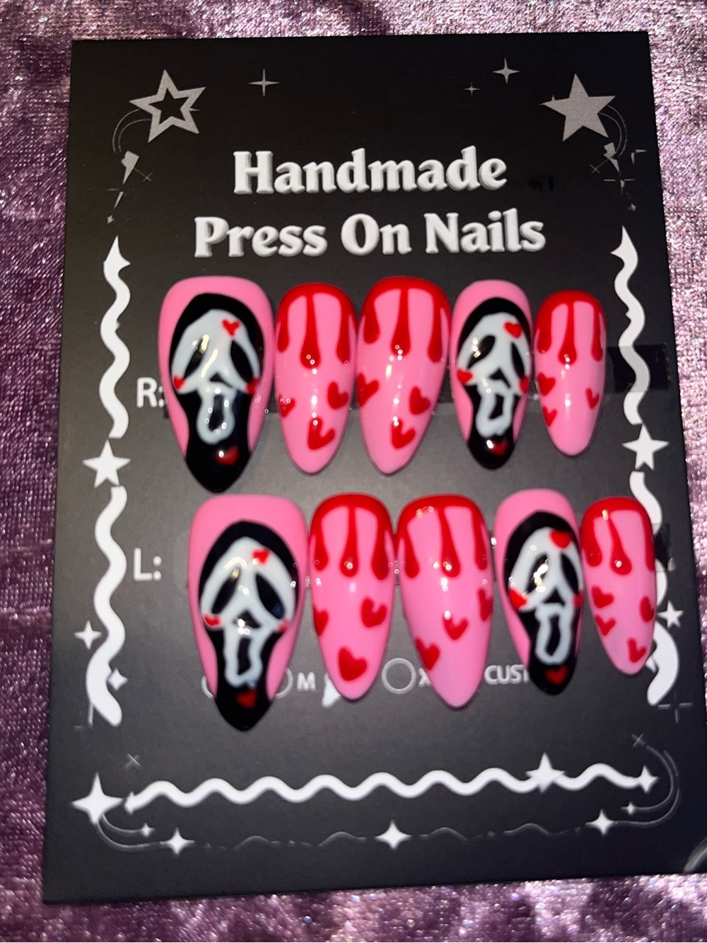 Handmade Pink & Red Press On Nails with Heart and Drip Design